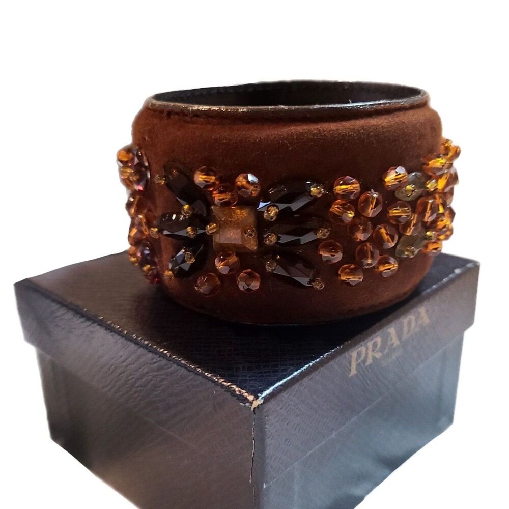 Prada -ONLY ONE- Brown Leather & Crystal Jewel Bangle Bracelet w/ Box, Authentic
